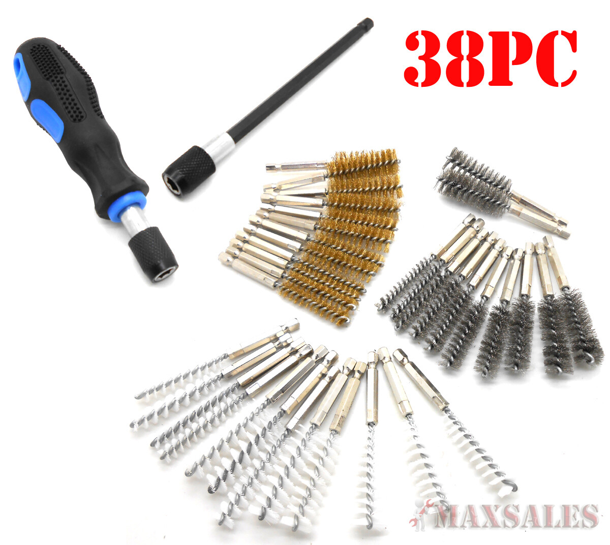 38pc Industrial Wire Brush Set 1/4″ Hex Shank Long Ext Stainless Steel Nylon