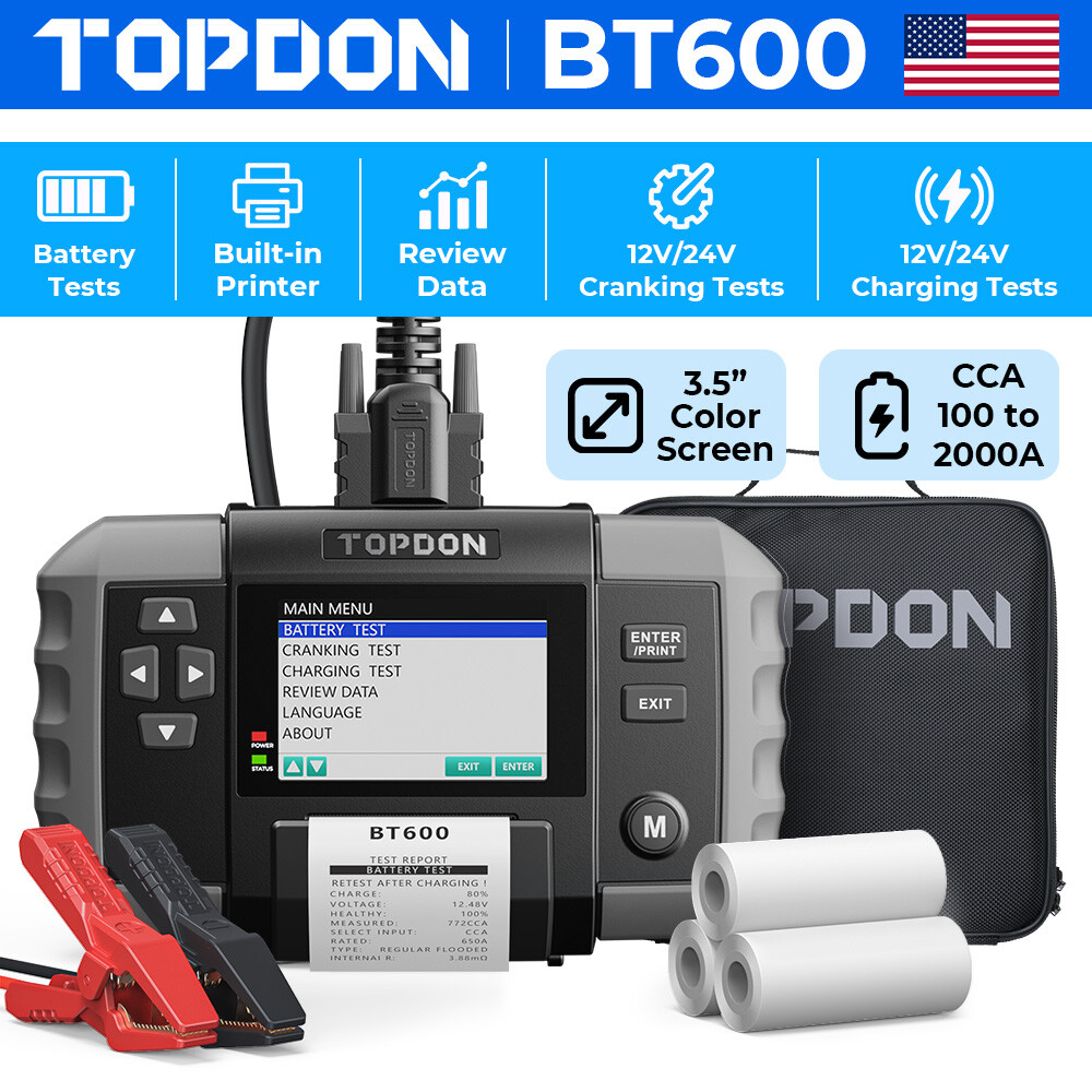 ⭐TOPDON BT600 12/24V Car Battery Tester Cranking Charging Ripple Test w/Printer