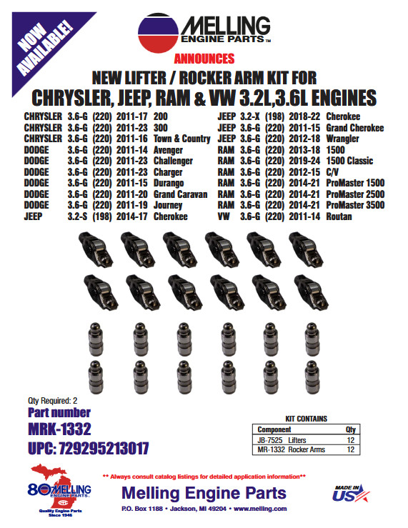 Melling MRK-1332 Lifter & Rocker Arm Kit For Mopar 3.2L & 3.6L For 1 Head