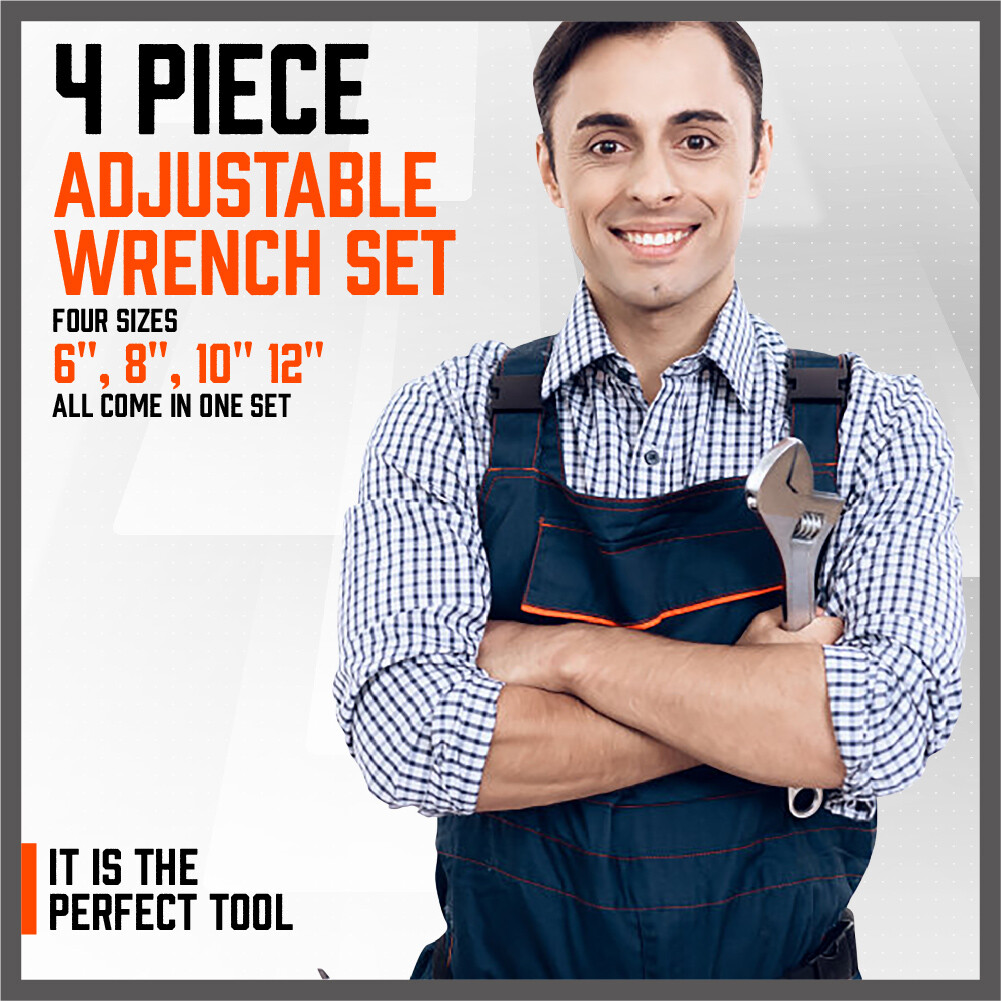 4 Pc Adjustable Wrench Set Forged 6 inch 8 inch 10 inch 12 inch Calibration CR-V
