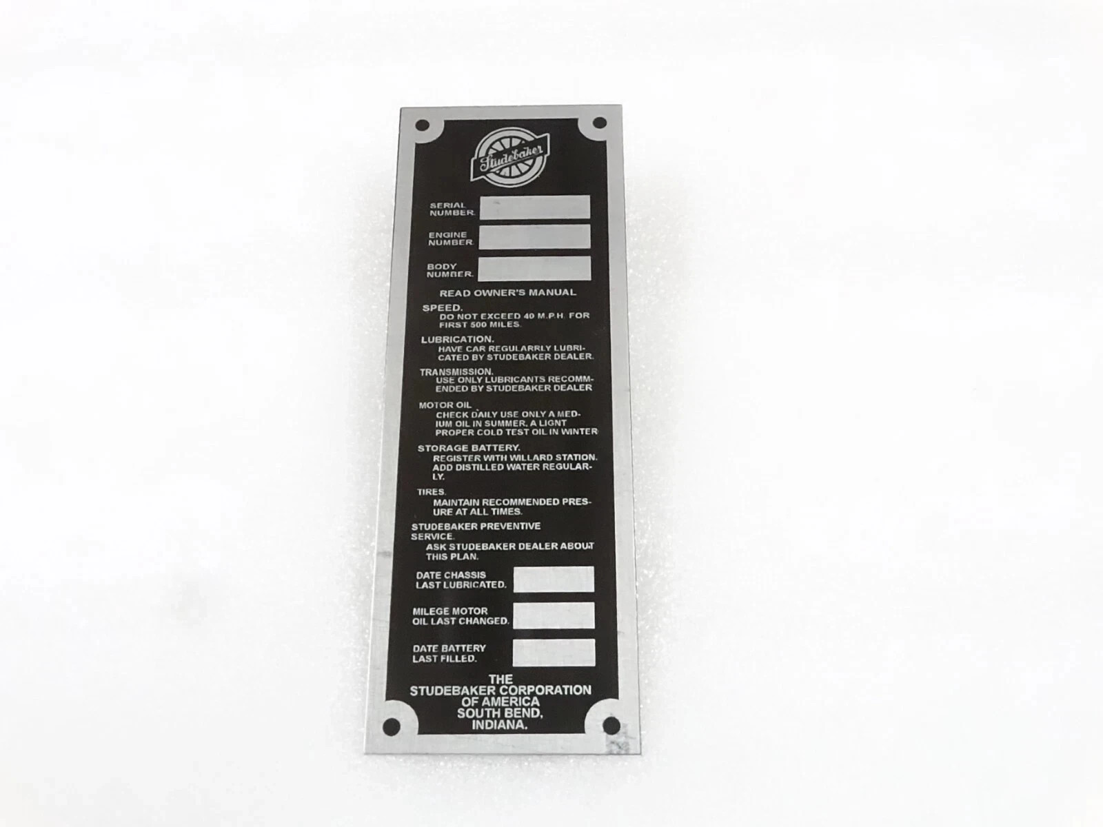 DATA PLATE FOR VINTAGE STUDBAKER DOOR JAM VERTICAL MODEL #V253-7