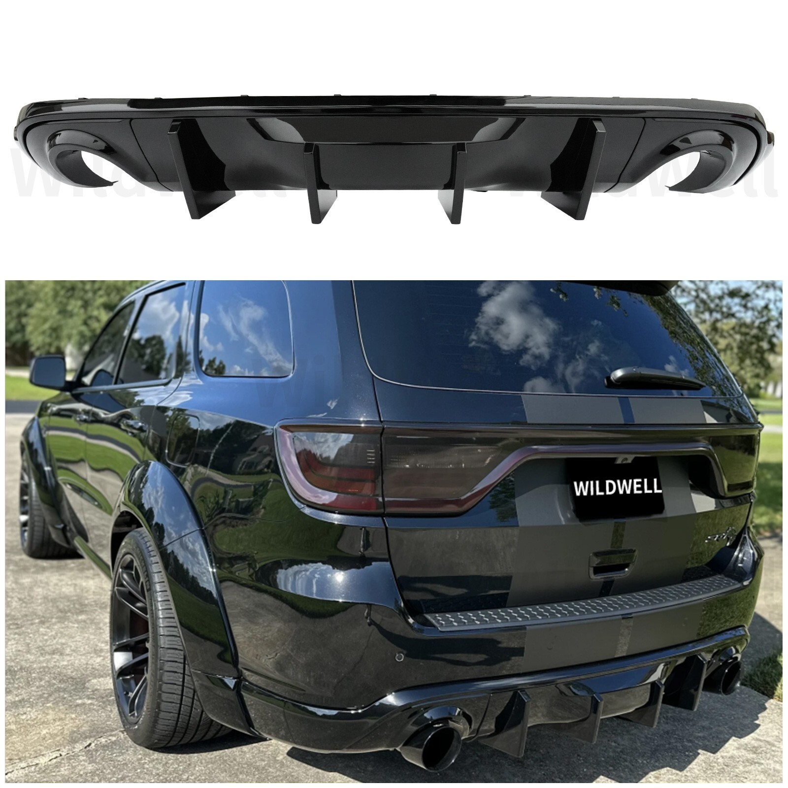 For 2011-2025 Dodge Durango Rear Bumper Lip Diffuser W/Shark Fin Glossy Black