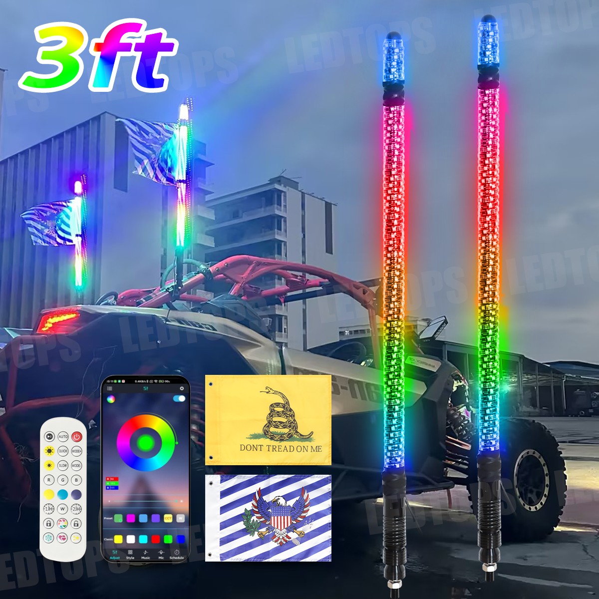 2X 3FT LED Whip Spiral Chasing RGB Whip Lights w/ Turn For Can Am Maverick X3 RS