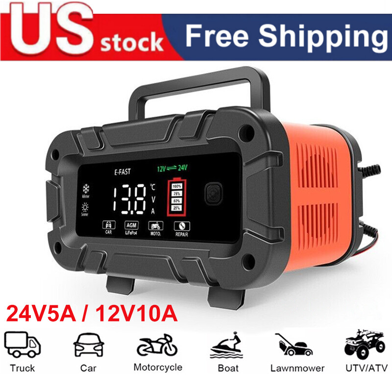 12V/24V Smart 10A Car Battery Charger – Portable Automotive Battery Maintainer