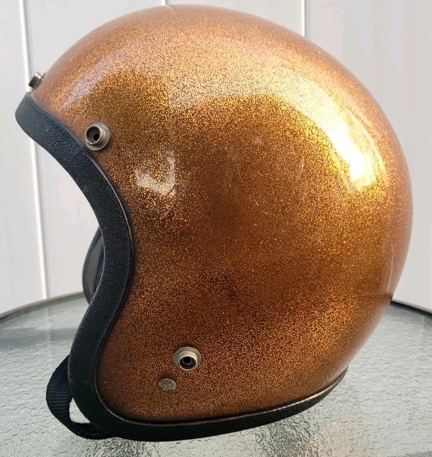 True Vintage Motorcycle Helmet Metal Flake Gold Copper Glitter With Chin Strap