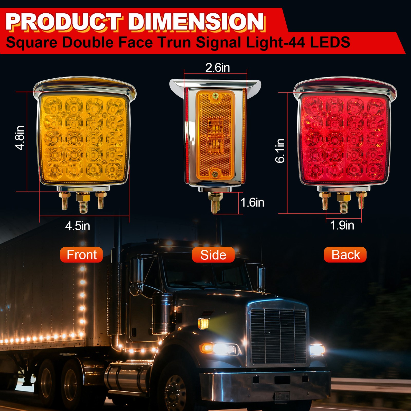 2 Square Dual Face Stud Mount Pedestal Cab Fender Turn Signal Light 44 LED Truck