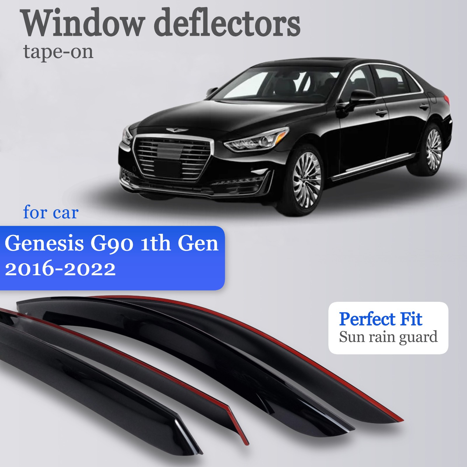 Tape-on 4PCS Window Visors Rain Guards Fit Genesis G90 2016-2022 Wind Deflectors