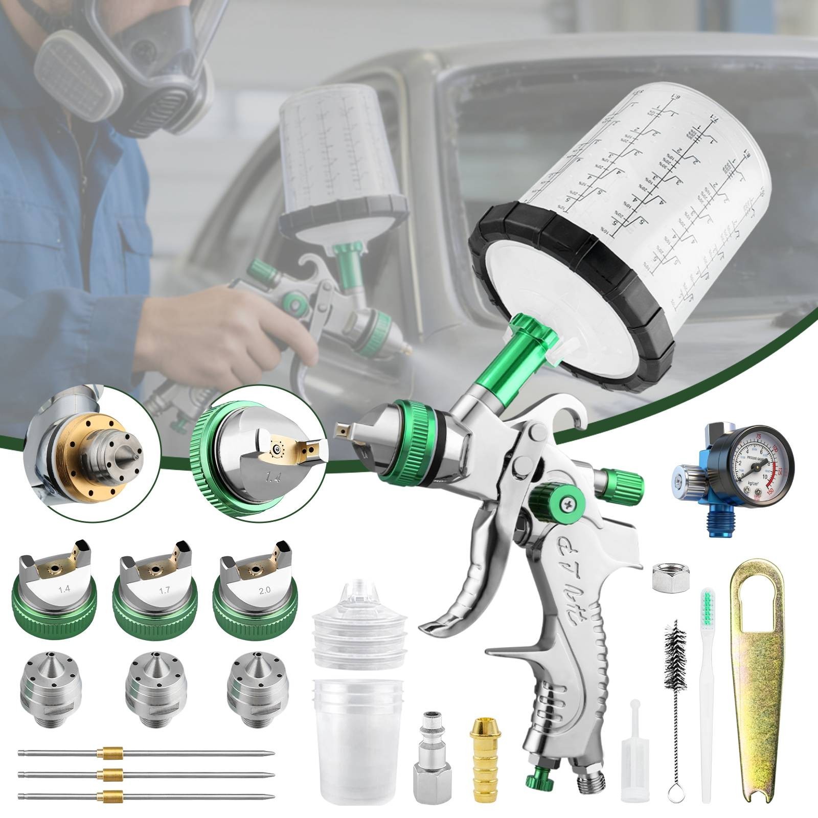 HVLP Air Spray Gun Auto Kit Gravity Feed 1.4/1.7/2.0MM Nozzle 650ml Mixing Cup