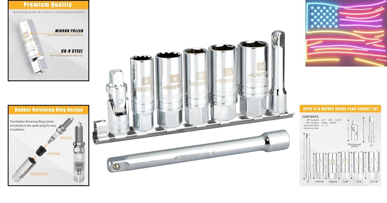 3/8-Inch Drive Spark Plug Socket Set 8PCS – Includes 6 Point Sockets 5/8-inch..,