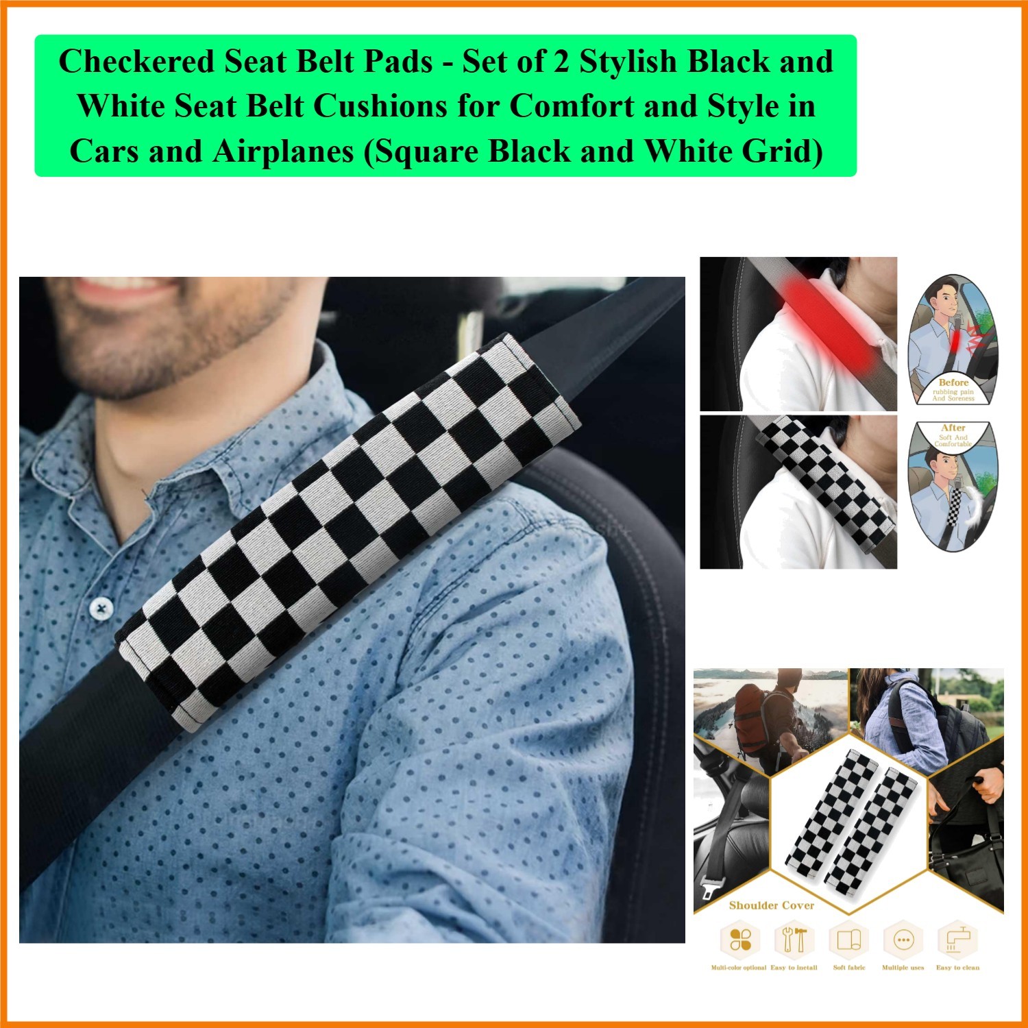 Checkered Seat Belt Pads – Set of 2 Stylish Black and White Seat Belt Cushion…