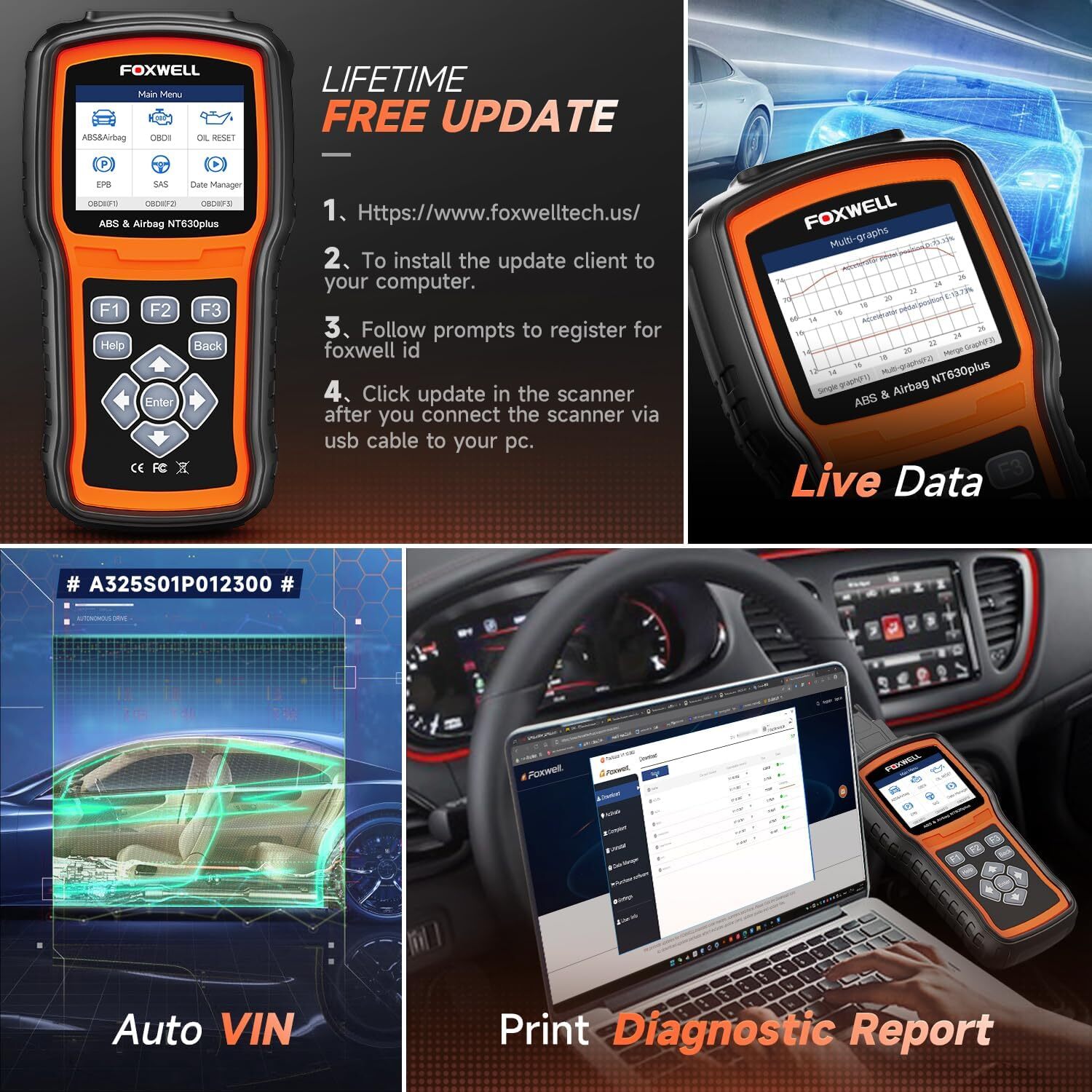 Foxwell NT630 Plus Bidirectional SRS SAS ABS Bleeding OBD2 Scanner Diagnostic