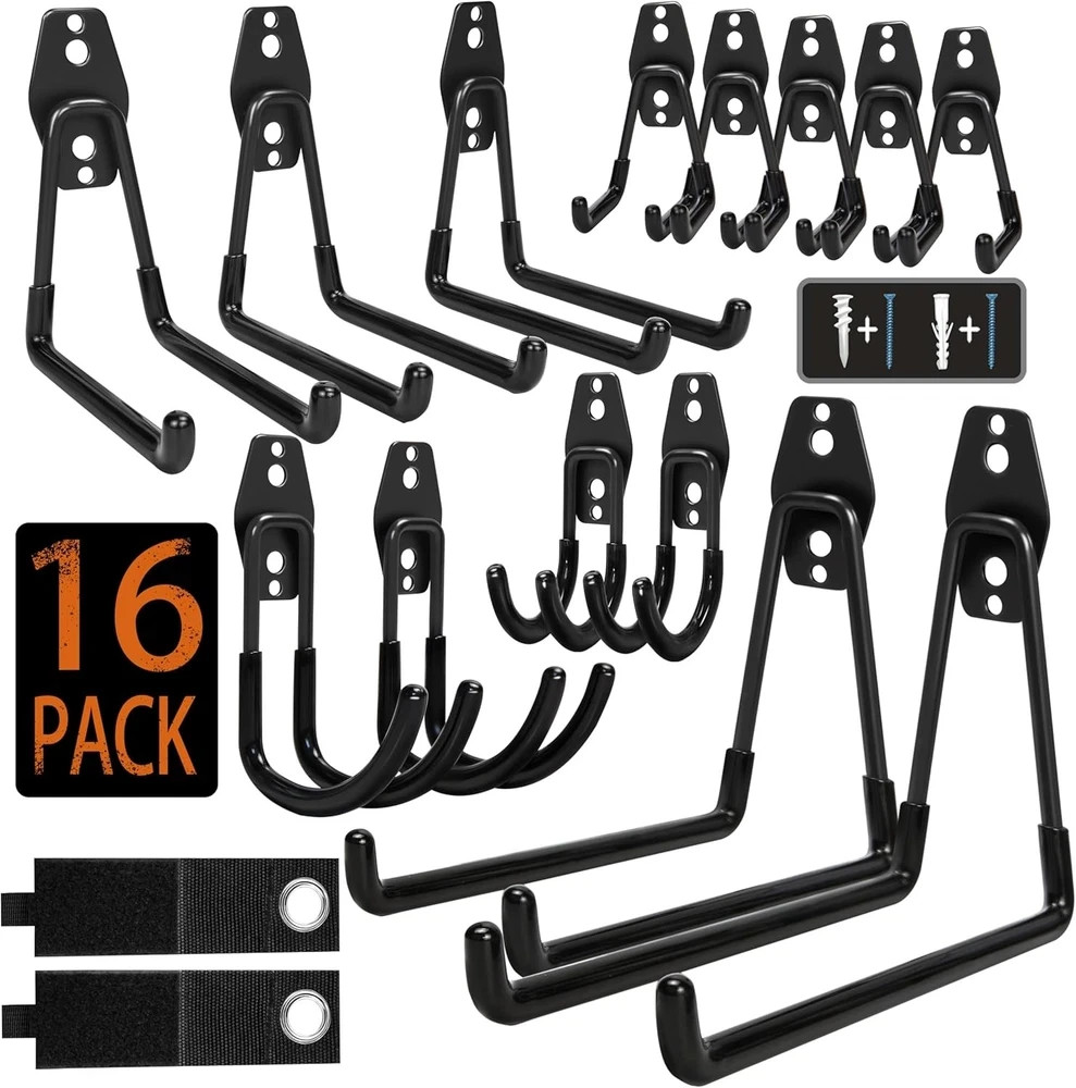 Steel Garage Storage Hooks – 16 Pack Anti-Slip Coating, Heavy Duty Wall Black