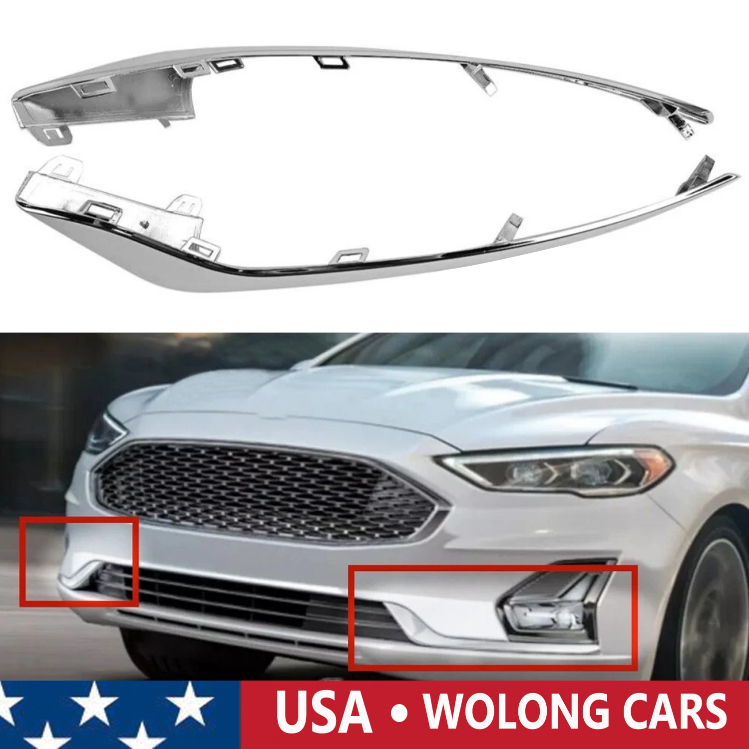 Pair Front Bumper Fog Light Lamp Strip Trim for 2019 2020 Ford Fusion Chrome