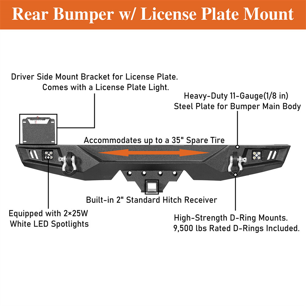 Hooke Road Fit 07-18 Jeep Wrangler JK Rear Bumper w/ Tire Carrier Light Tow Hook
