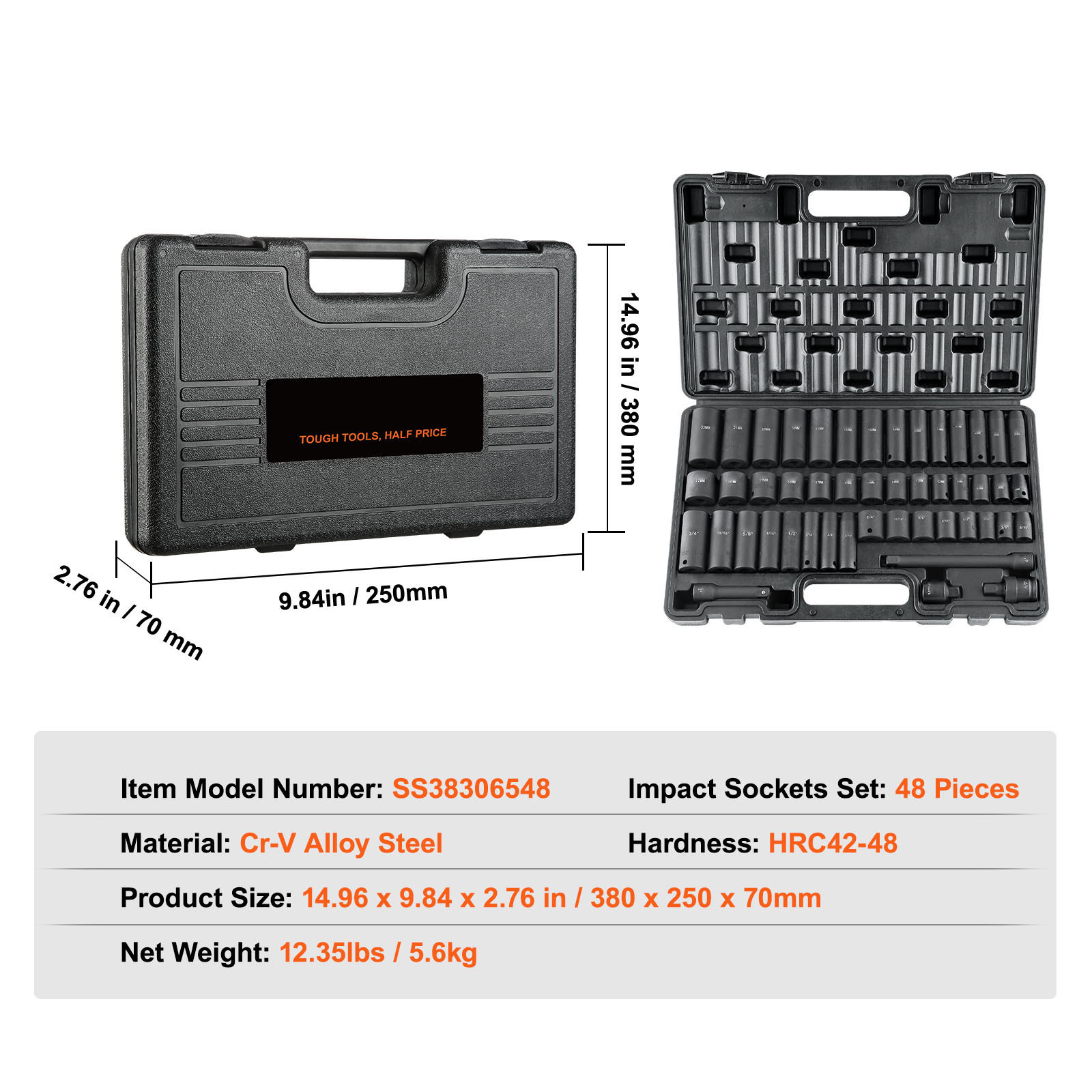 VEVOR Impact Sockets Set 48pcs 6-Point 3/8in Drive Bit Ratchet Tool Kit Case