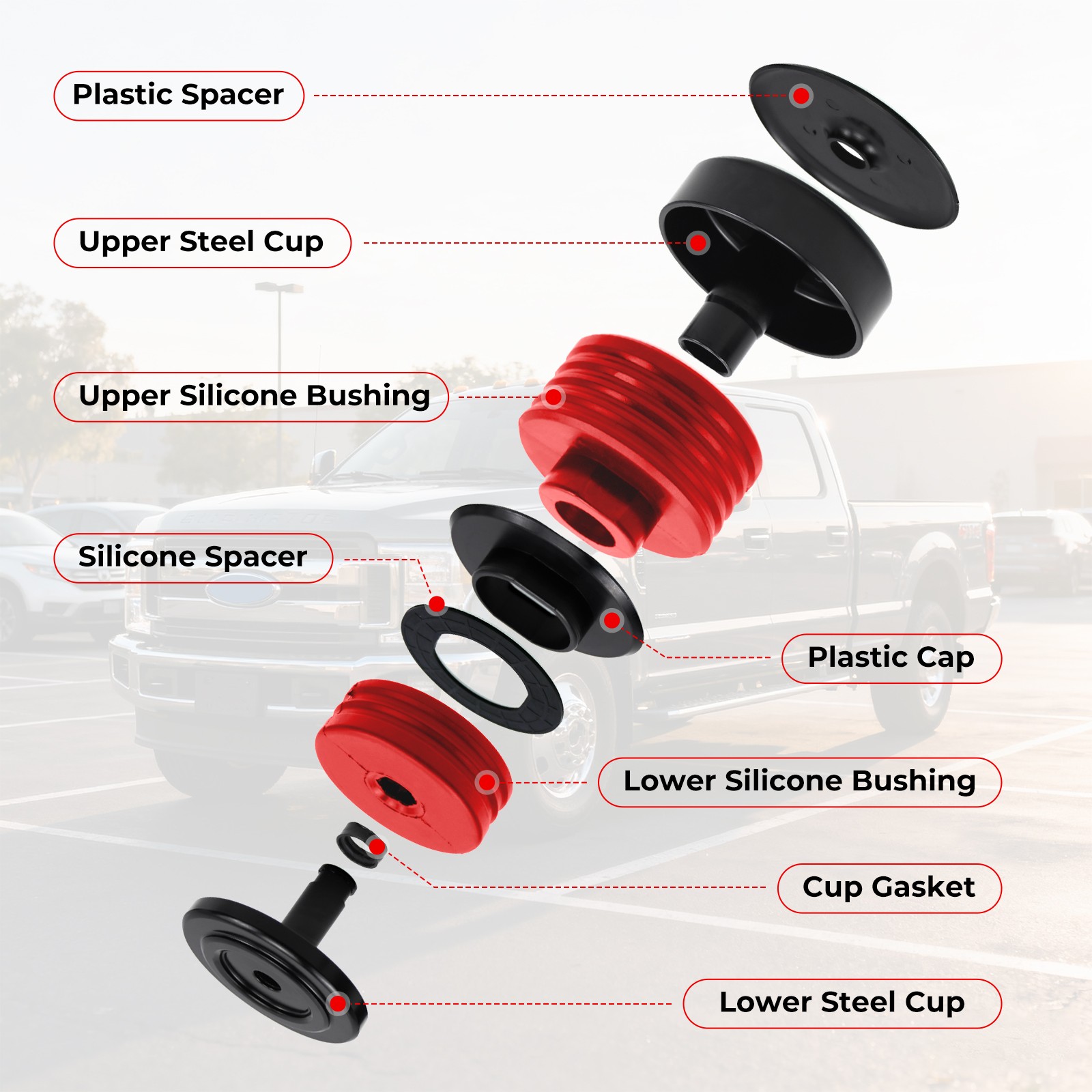 Silicone Body Mount Bushings & 13848 Bolt Kit for 08-16 Ford F250/350 Super Duty