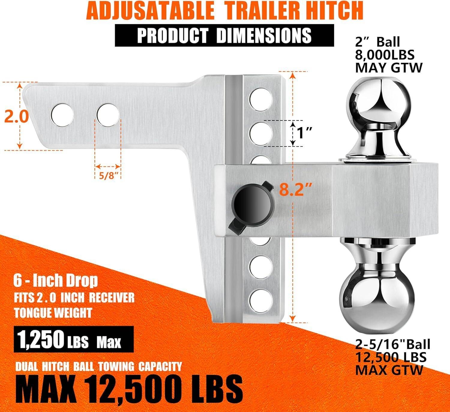 2″ Receiver Adjustable Towing Hitch Dual Ball Mount 6″ Drop Trailer 12500 lb