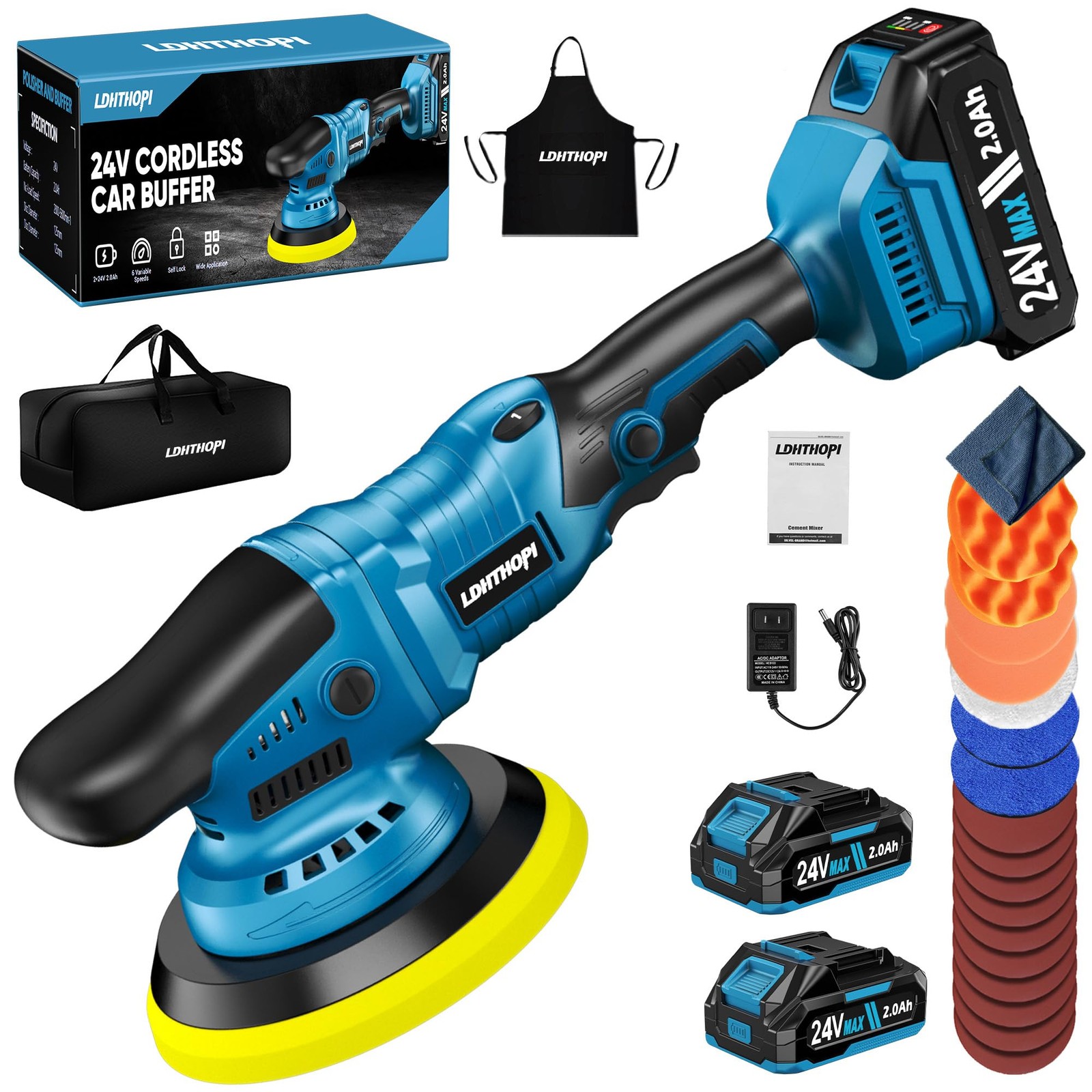 LDHTHOPI 23PCS Cordless Buffer Polisher Kit with 1600W Polisher, Blue