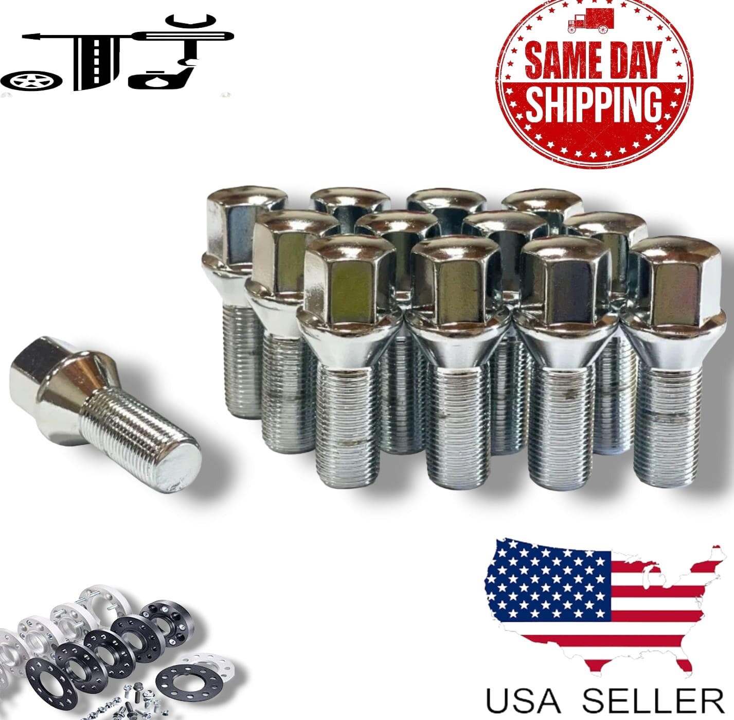 20x Chrome 12×1.25 17mm Hex Wheel Lug Bolt 28mm Shank Dart/Cherokee/Compass&More