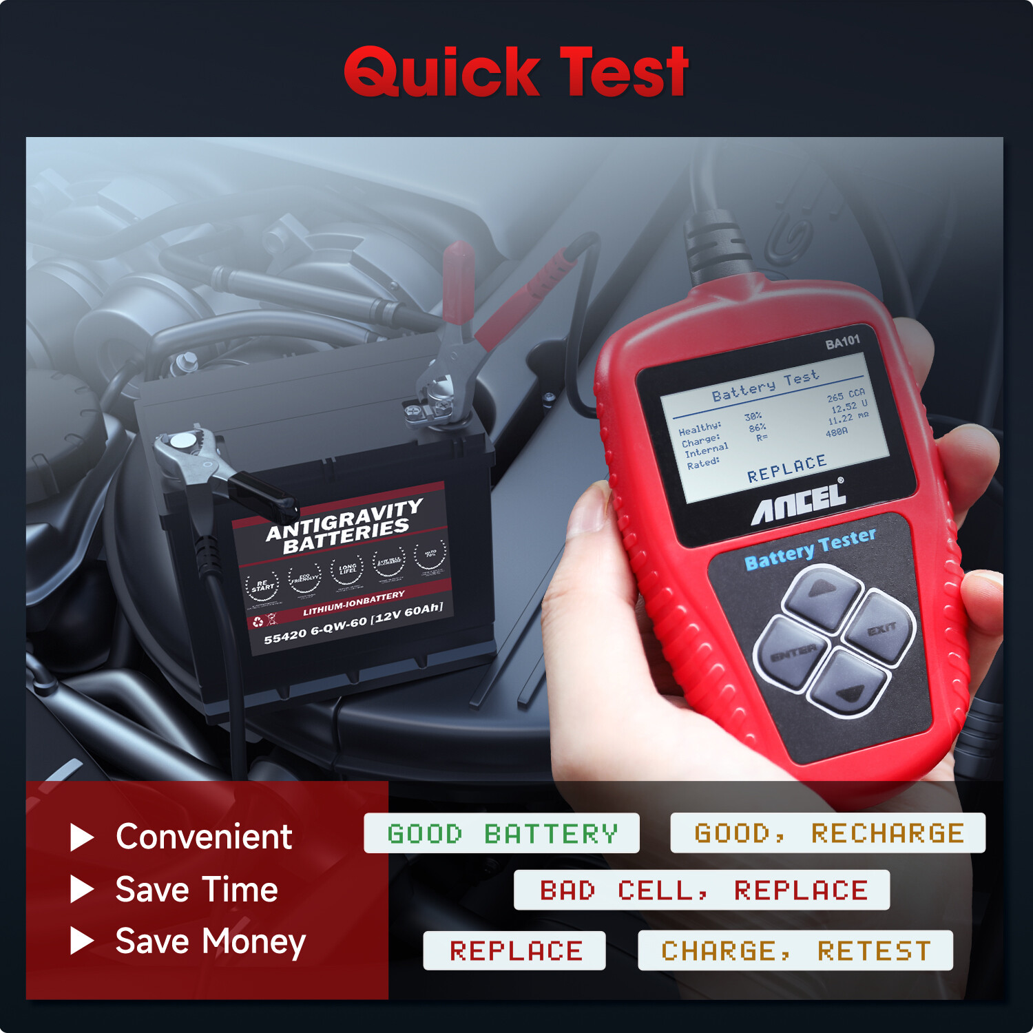 ANCEL BA101 Car Battery Tester 12V Load Tester Cranking Charging System Analyzer