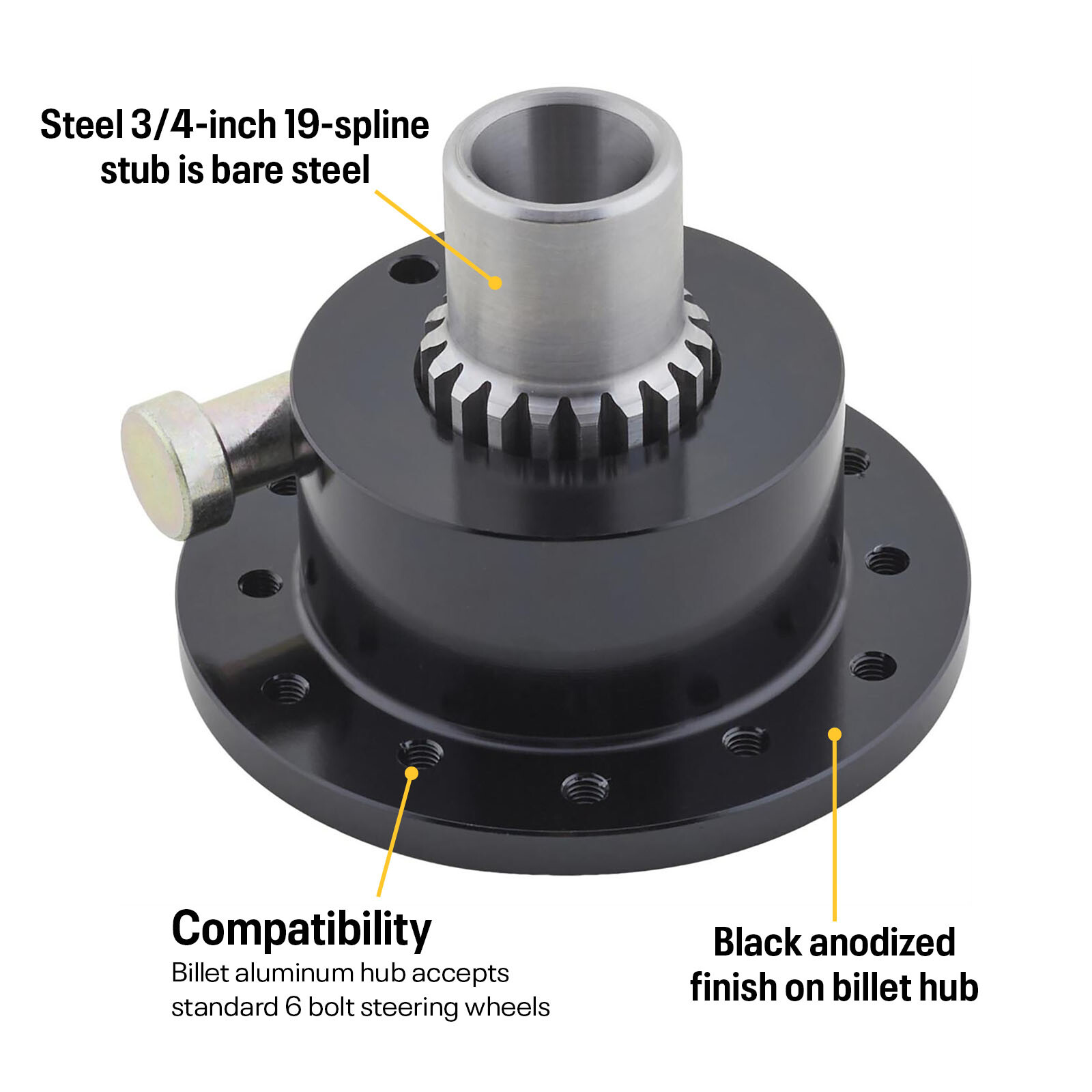 6-bolt Black Quick Release Steering Wheel Hub Splined, 3/4″ shaft