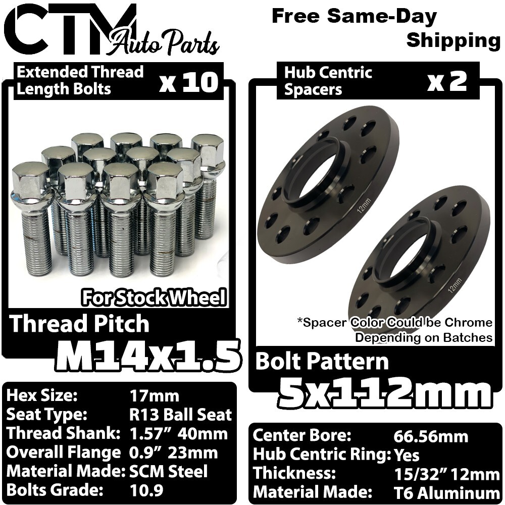 2x 12mm Thick 5×112 66.56mm CB Wheel Spacer Chrome Bolt Fit Mercedes Stock Wheel