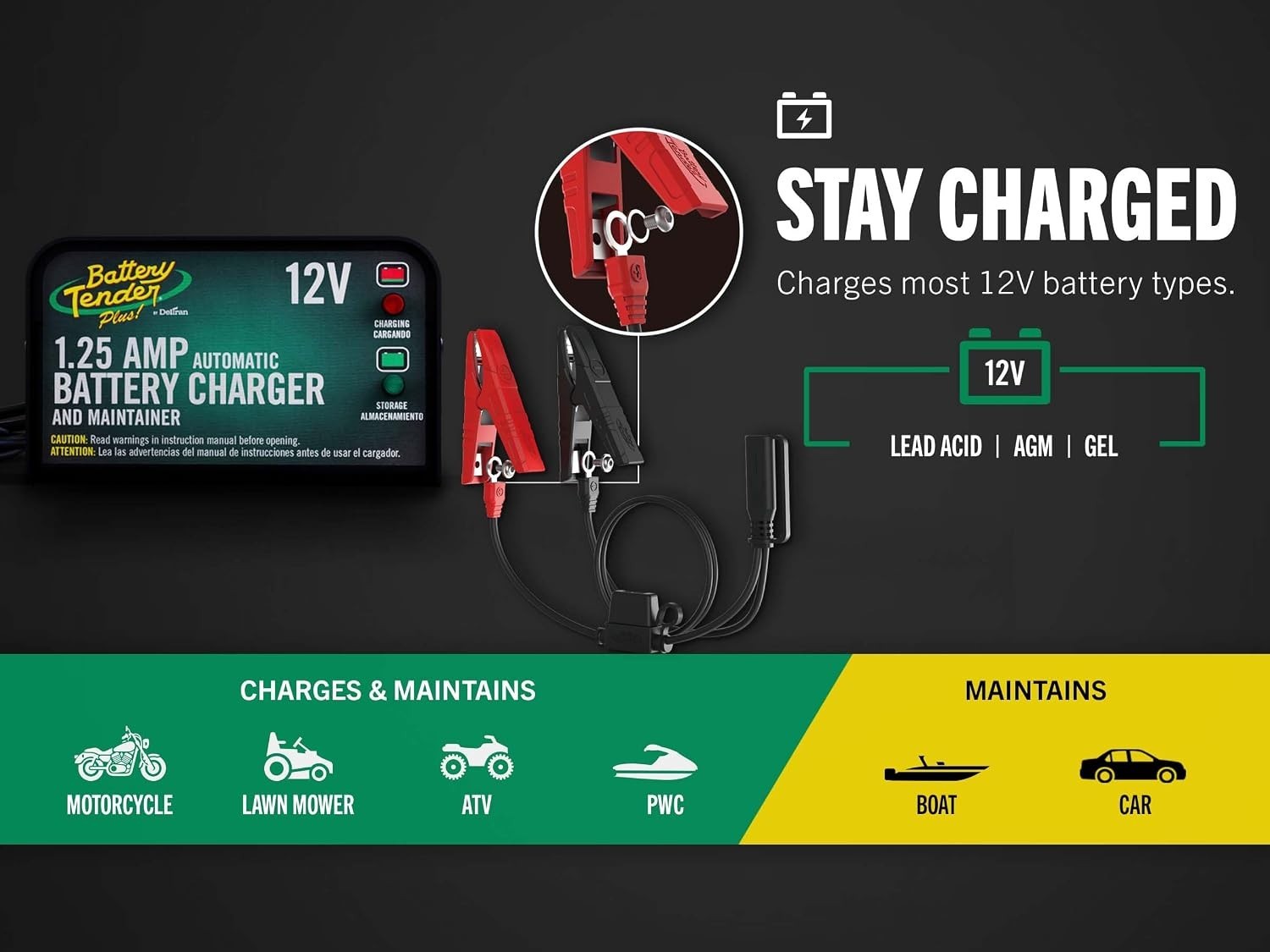 Compact 12V Battery Charger: 1.25A Smart Maintainer for Automotive Use