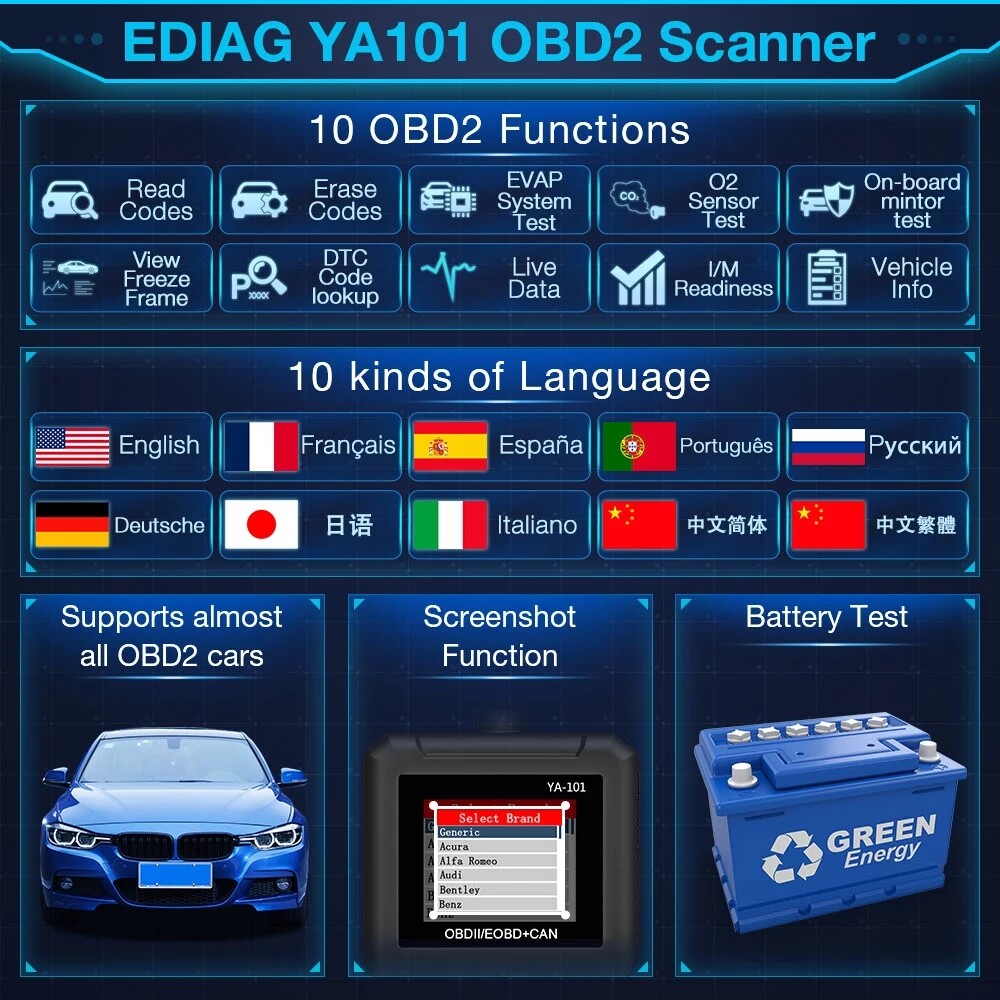YA101 Auto Check Engine Fault Code OBD2 Scanner Code Reader Car Diagnostic Tool