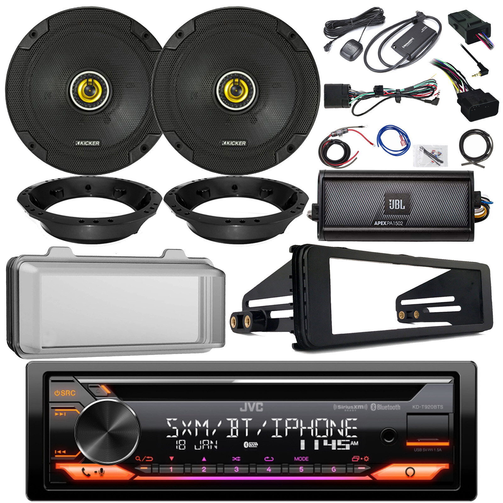JVC KD-920BTS Stereo Receiver, 2x 6.75″ 300W Speaker, 2-CH Amp and Accessories