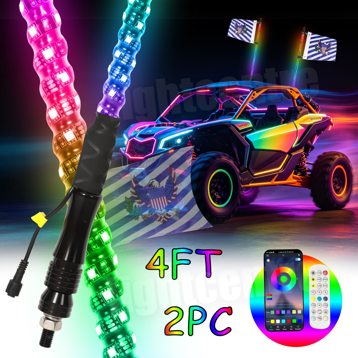 Aaiwa Pair 4ft Whip Lights RGB LED Lighted Antenna w/ Flag&Remote UTV ATV