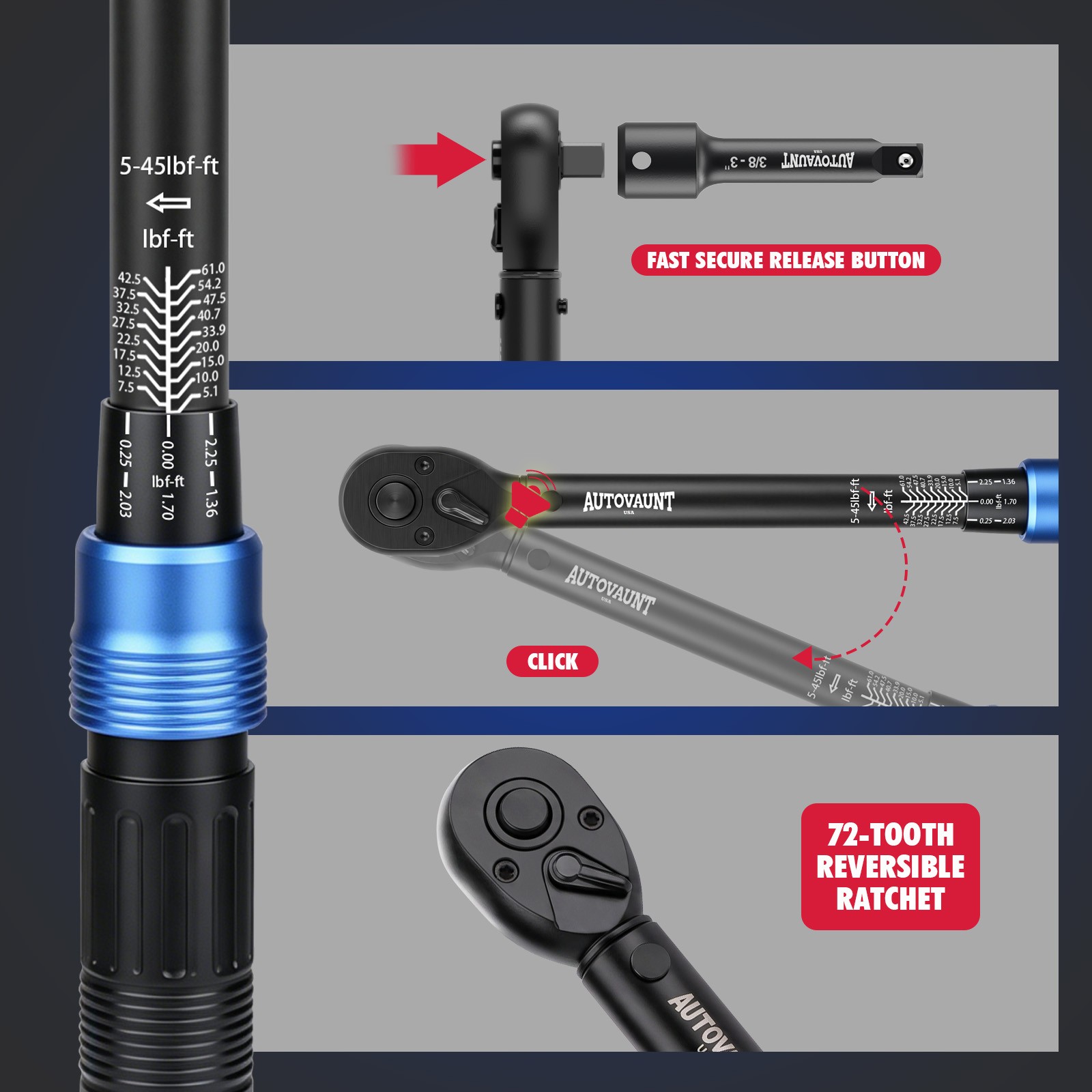 3/8″ Torque Wrench Snap Socket Professional Drive Click Type Ratcheting
