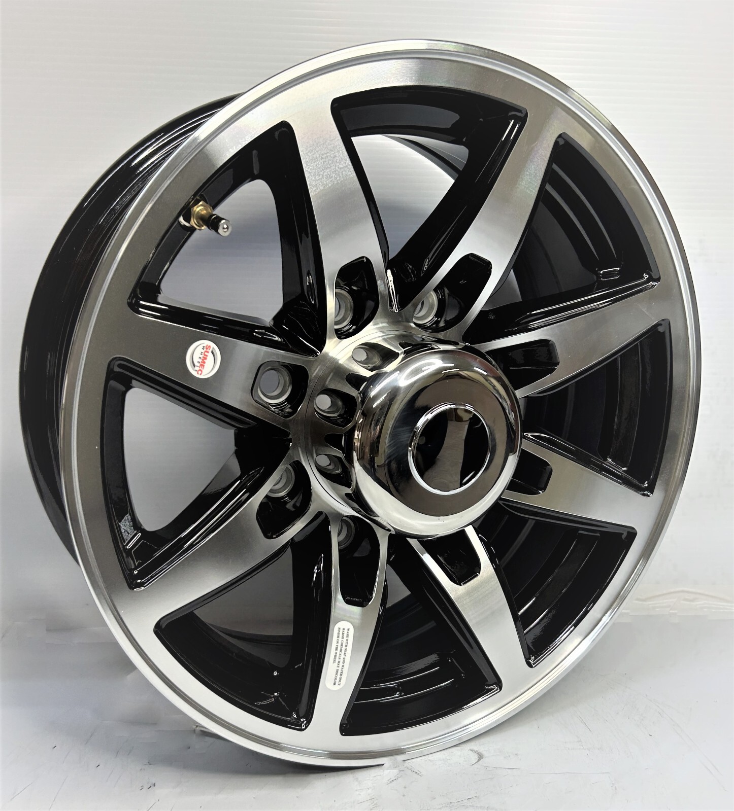 16 Inch 8 on 6.5 8 Spoke Black & Machined Aluminum Trailer Wheel 16865Bob BM