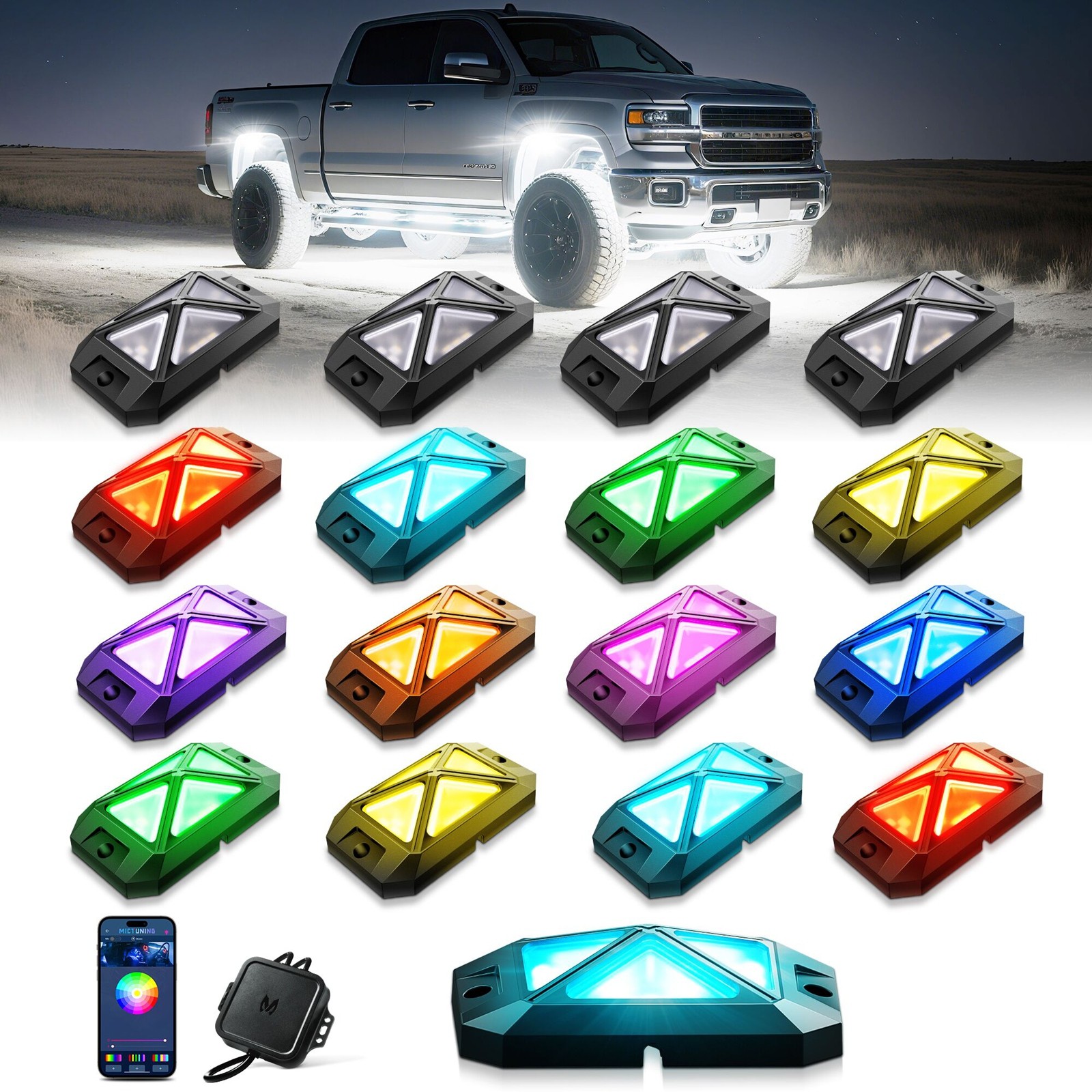 MICTUNING C4 RGBW LED Rock Lights 16 Pods Underglow Under Car Neon Lighting Kit