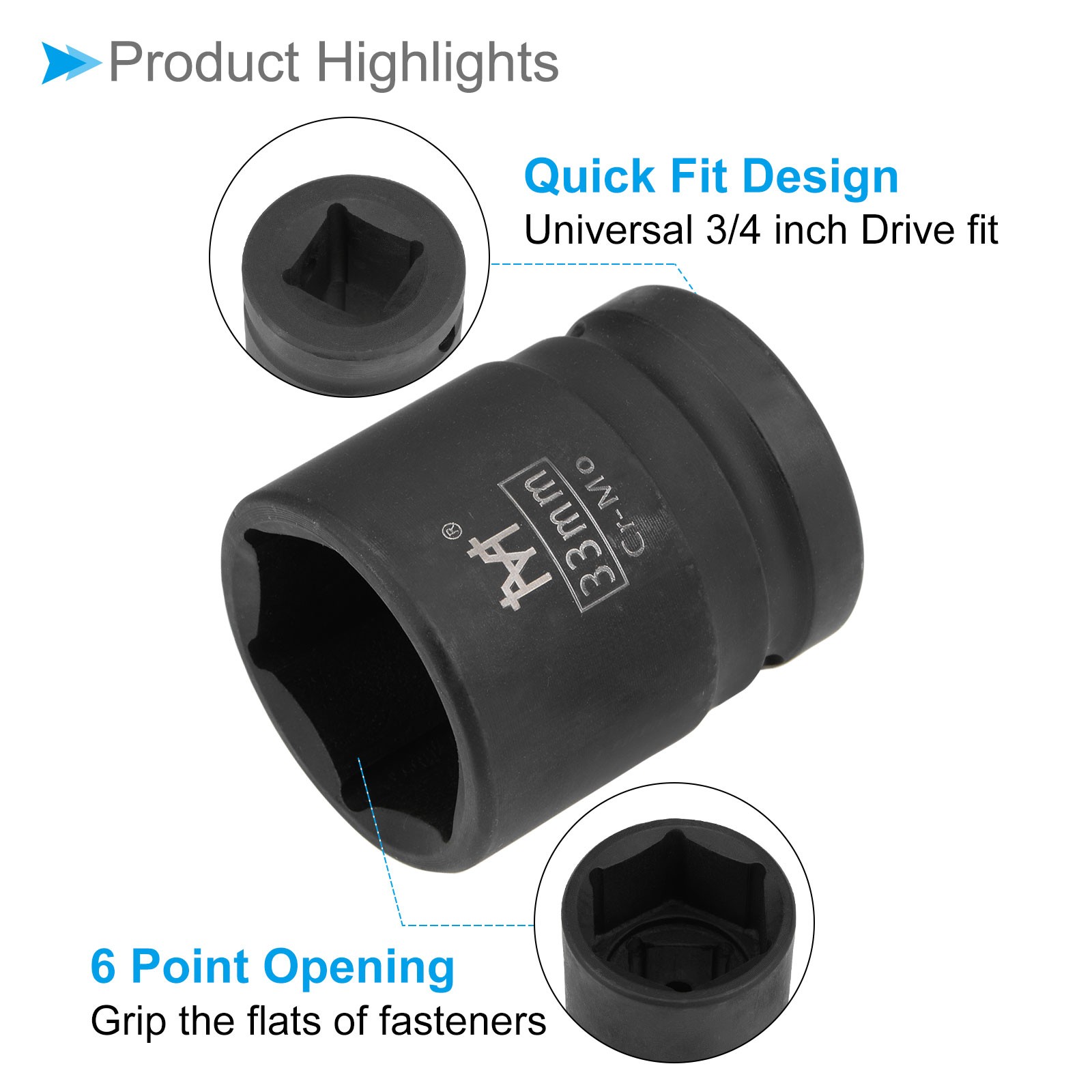 6-Point Shallow Impact Socket 3/4-Inch Drive 33mm Socket Cr-Mo Nut Axle