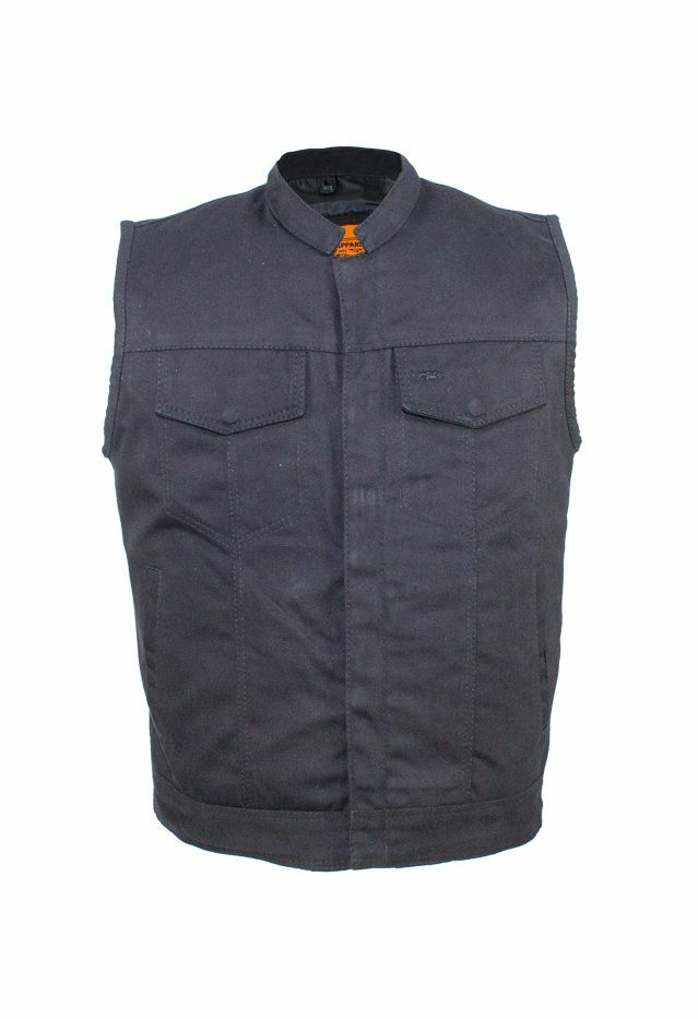 Men’s Motorcycle Black Denim Club Vest with Zipper & Button Snap Front Closure