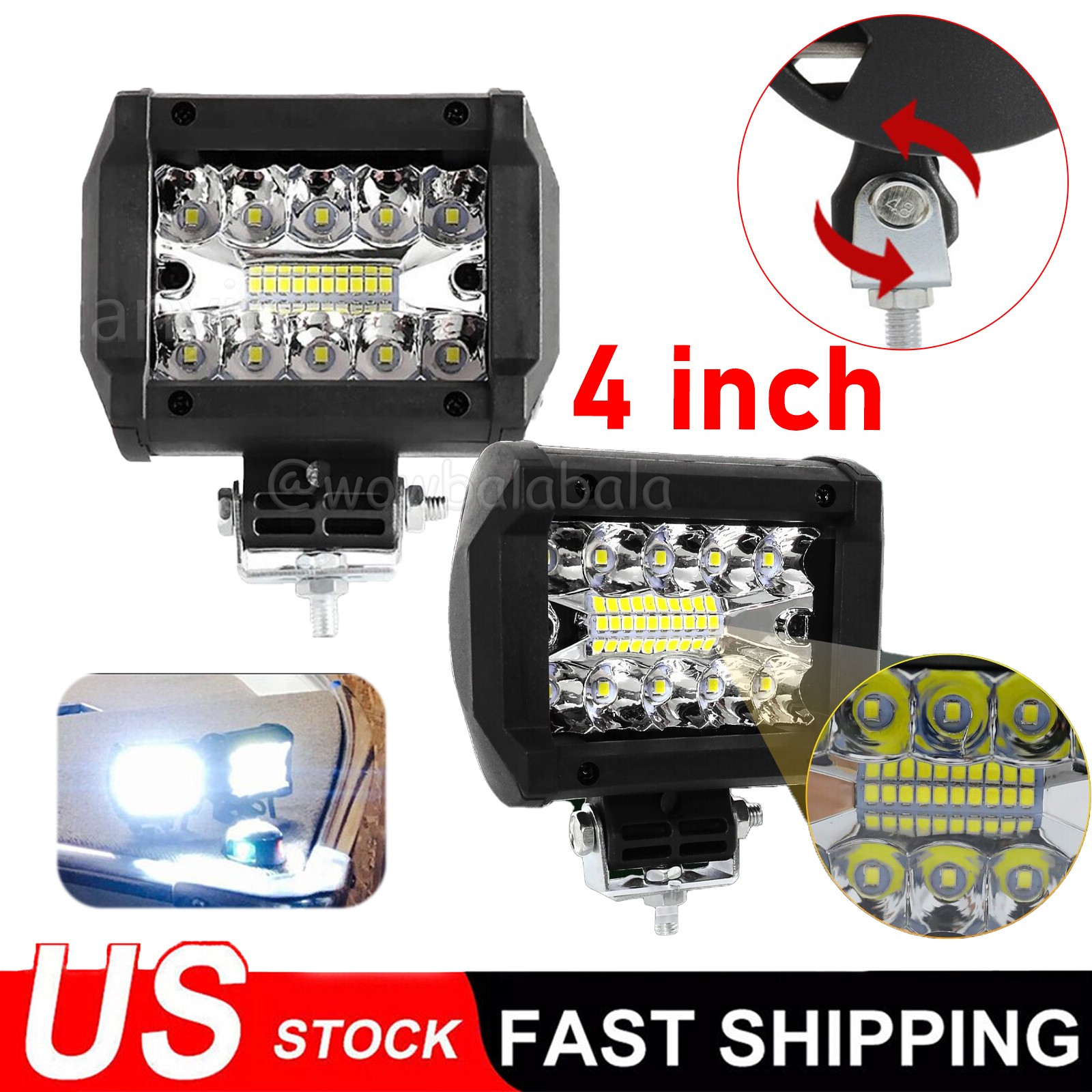 2PCS 4″Inch 12V LED Work Light Bar Spot Flood Pods Driving Off-Road Tractor 4WD