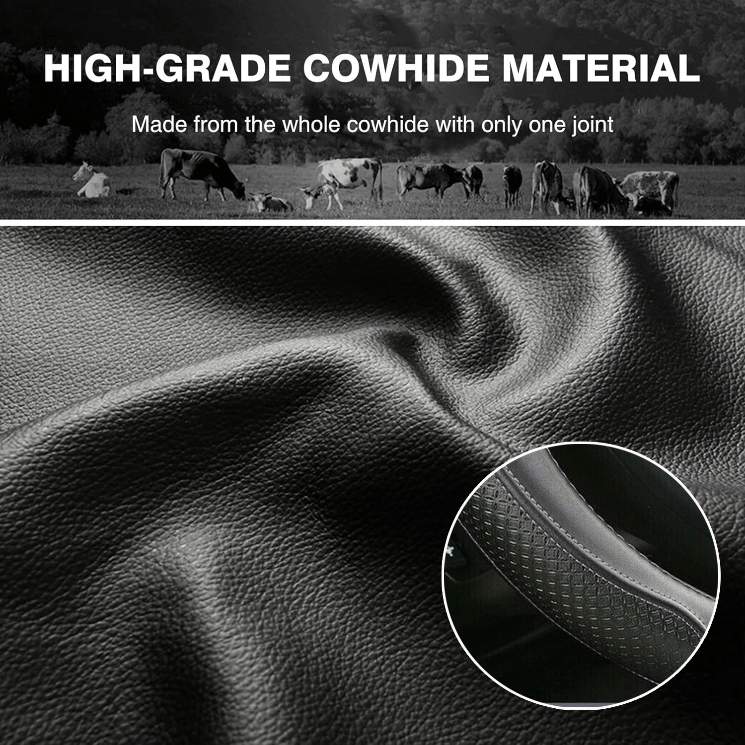 Black Cowhide Leather Car Steering Wheel Cover For GMC Sierra Round 15in/38cm