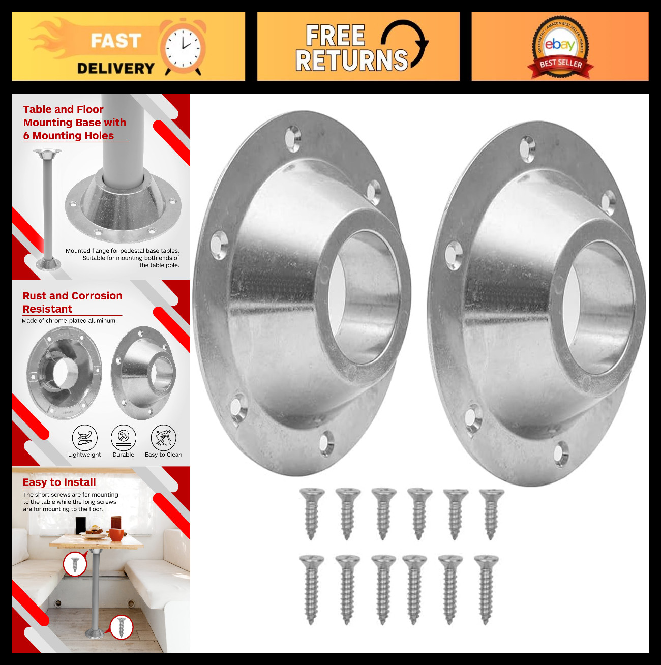 2-Pack Aluminum RV Table & Floor Mounting Base with 12 Screws for Camper Trailer