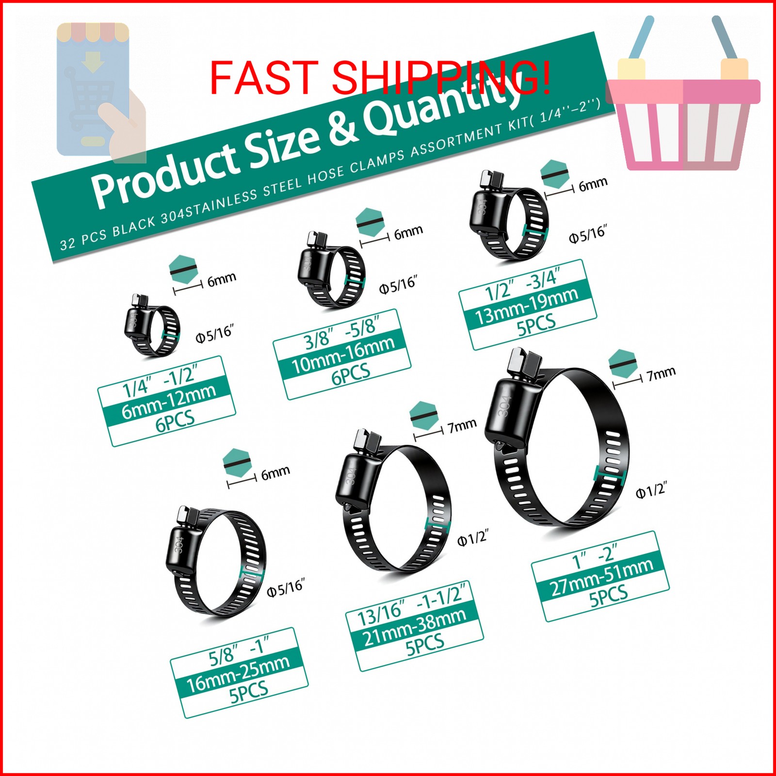 Dianrui 32 PCS Black Hose Clamps Assortment Kit 1/4″–2″ (6-51mm) Hose Clamps Sta