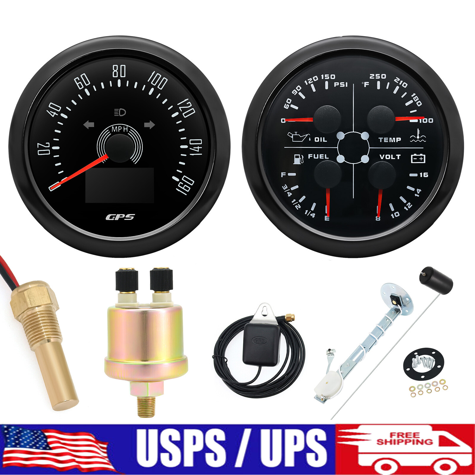 85MM GPS Speedometer 160MPH Tachometer Fuel Oil Volt Temp Gauge Set for Boat Car