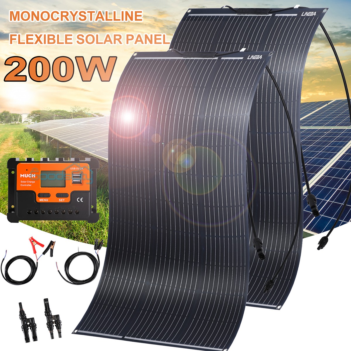 200watt (2x100W) Flexible Solar Panel Kit + Controller for Camp RV Battery Power