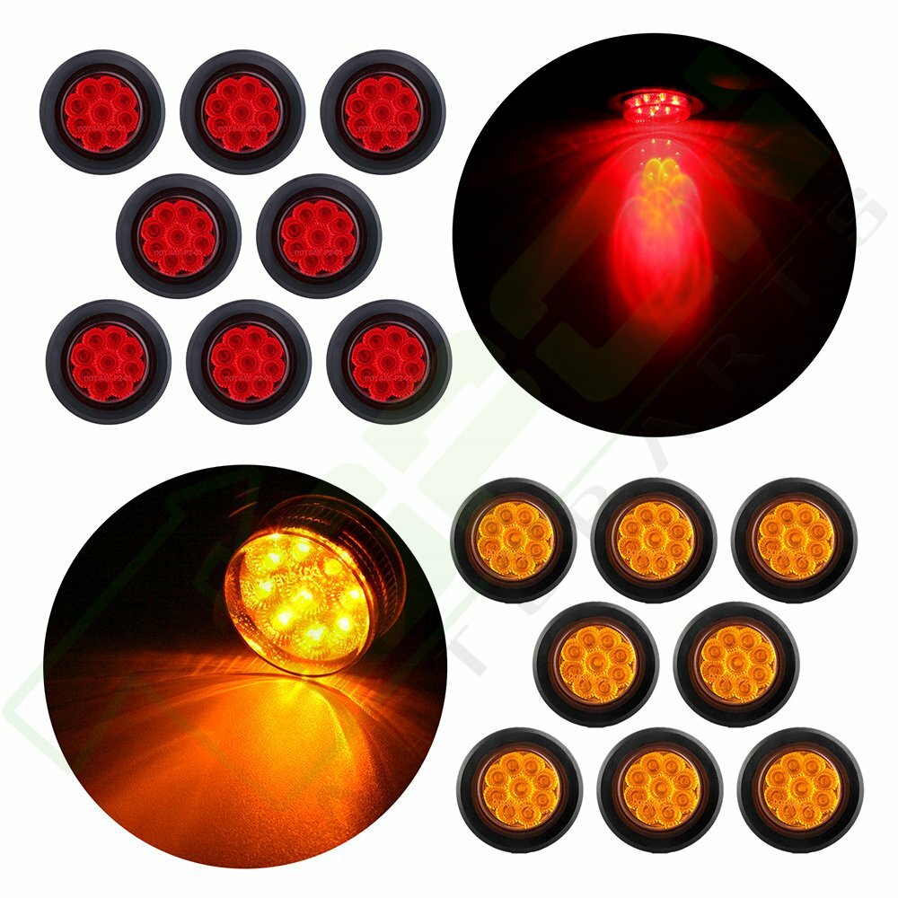 16pcs Red Amber 2″ Round LED Side Marker Clearance Light Trailer 9 LED w/Grommet