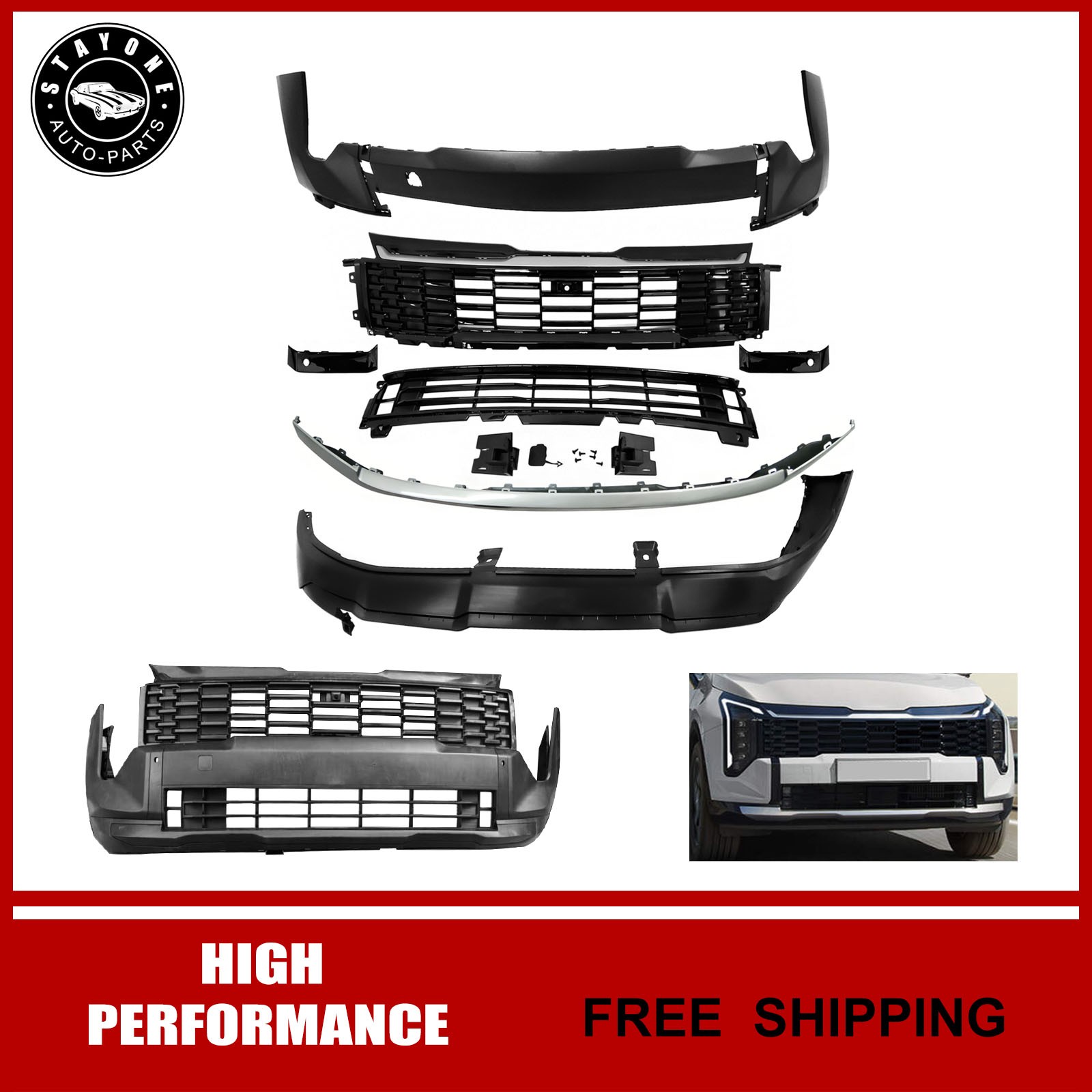 For 2025-2026 Kia Sportage Front Bumper Cover Kit with Upper & Lower Grille