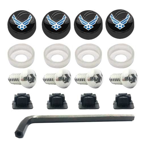 ANTI THEFT LICENSE PLATE SECURITY SCREWS STAINLESS + BLACK USAF AIR FORCE CAPS