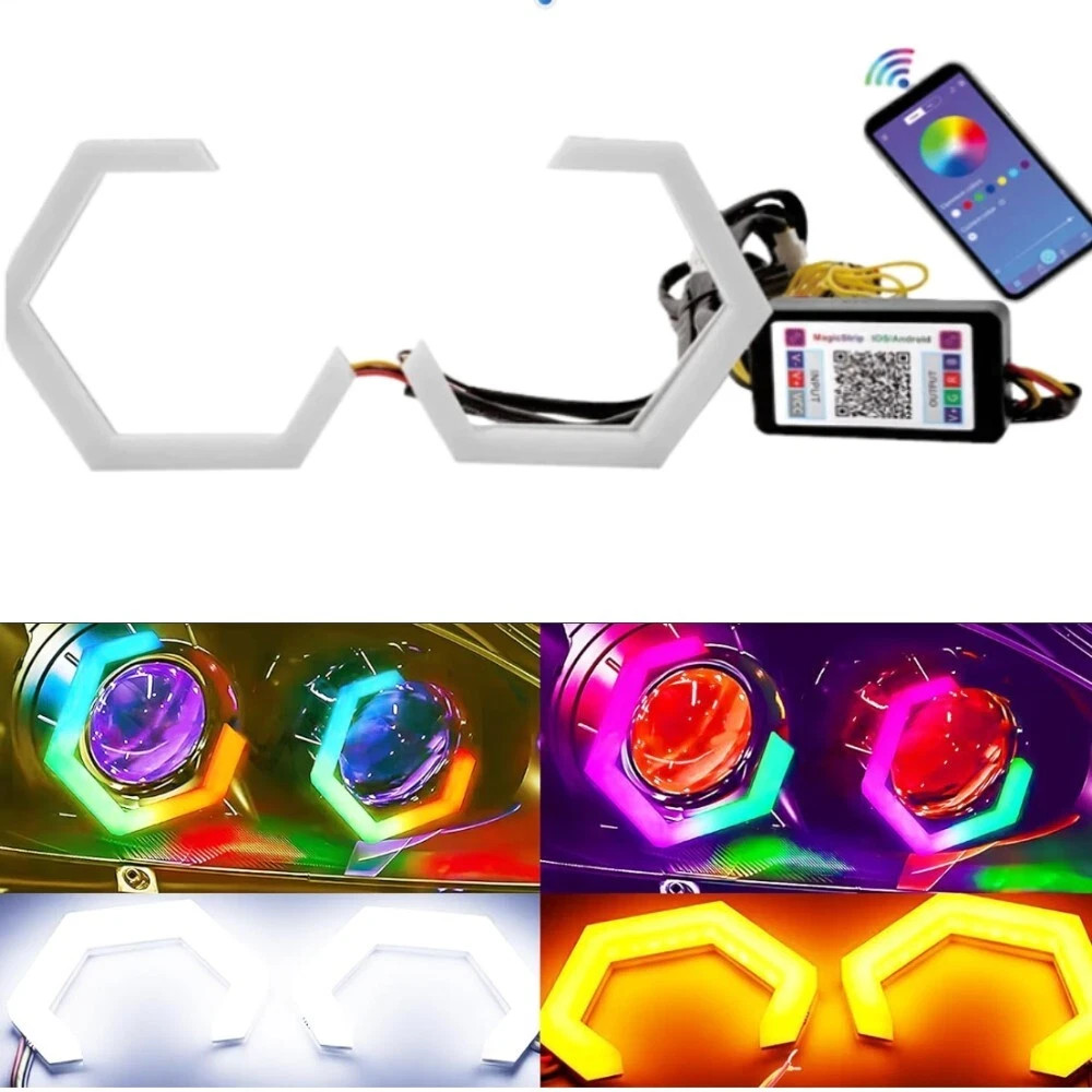 RGB Hex Halo Angel Eye Turn Signal Light APP Bluetooth Hexagon Headlight Fog DRL