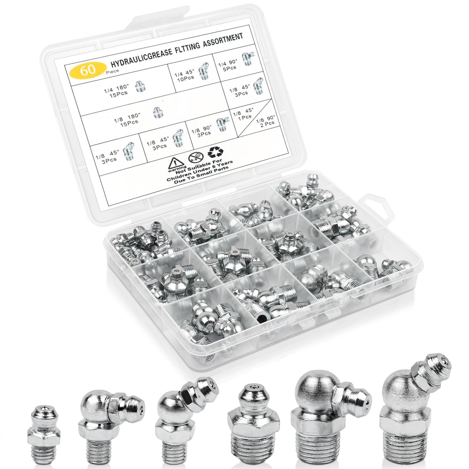AKEOIL 60Pcs SAE & NPT Grease Fittings & 1/4″-28 1/8″-27, steel color