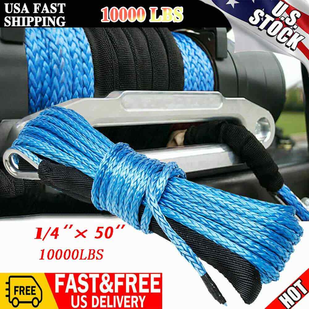 1/4” x 15m 50ft 10000LBS Synthetic Fiber Winch Rope Line Cable with Sleeve Blue