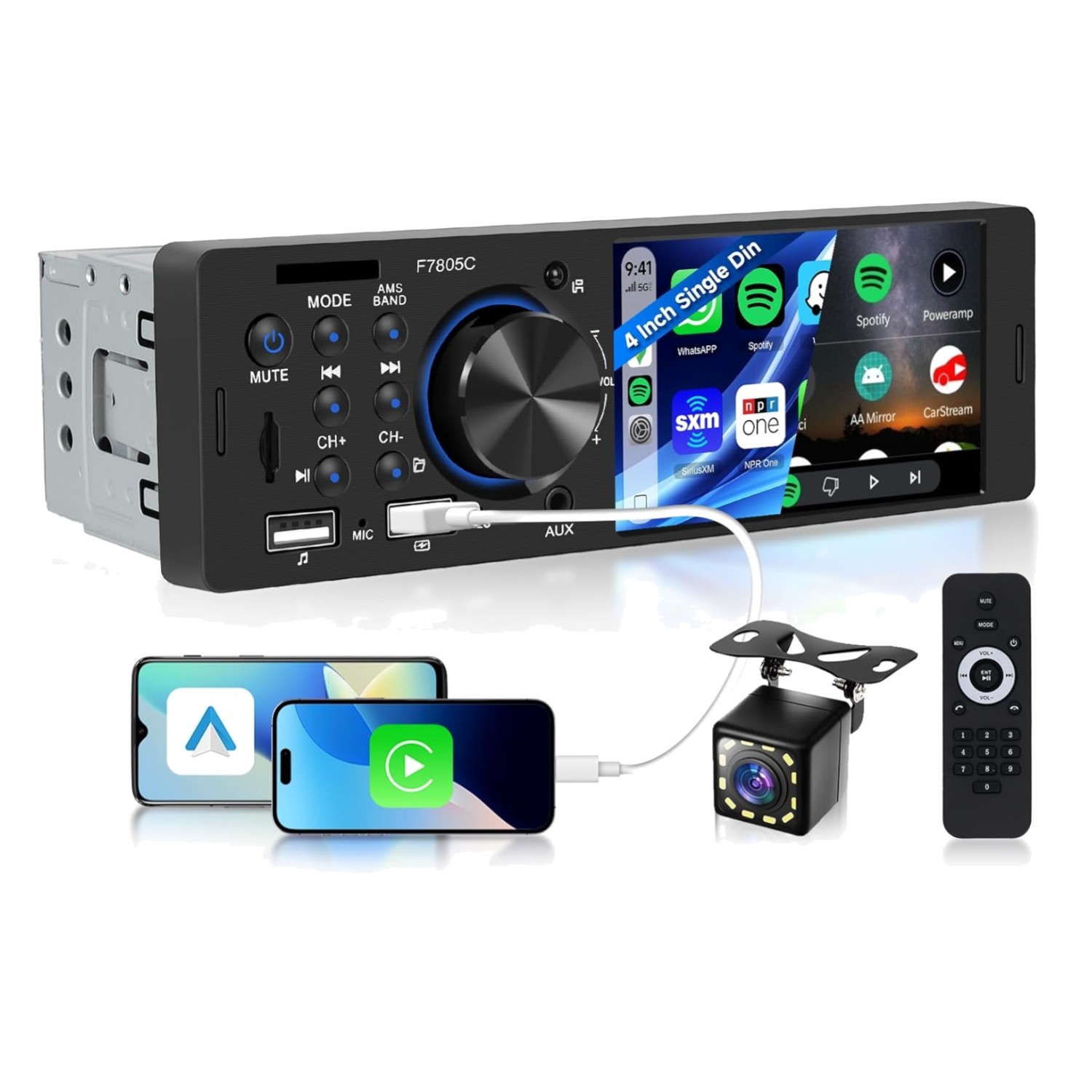 4.1in Car Radio Stereo Bluetooth Single 1Din CarPlay Android Auto TF/AUX/USB/FM
