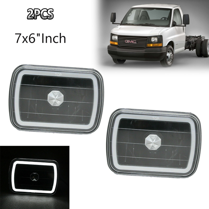 2PCS 7×6″ Inch Clear Lens Black House SEMI Sealed White LED Halo Headlights Lamp