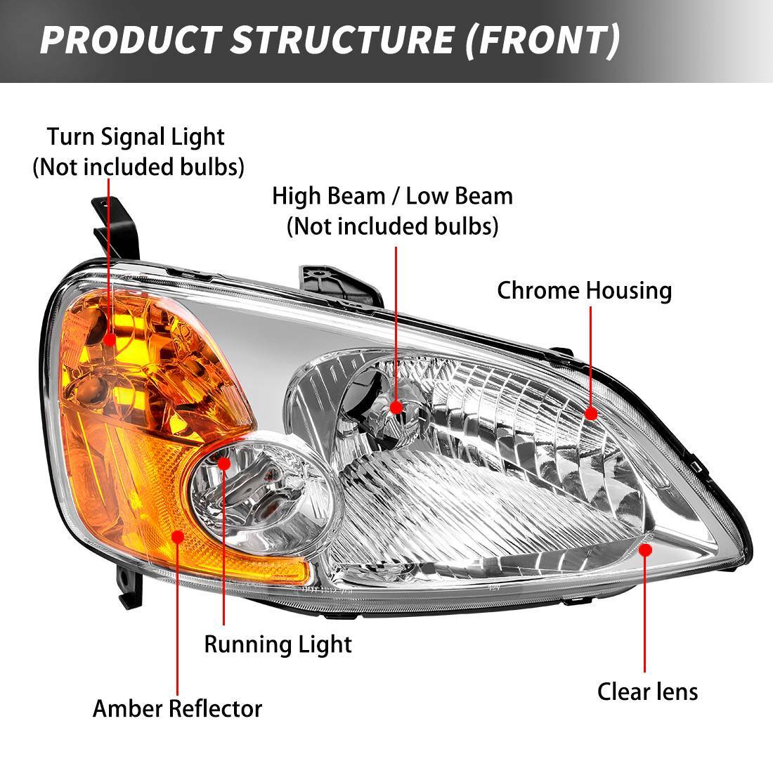 Headlights for 2001 2002 2003 Honda Civic 4-Door Sedan Headlamp Replacement Pair